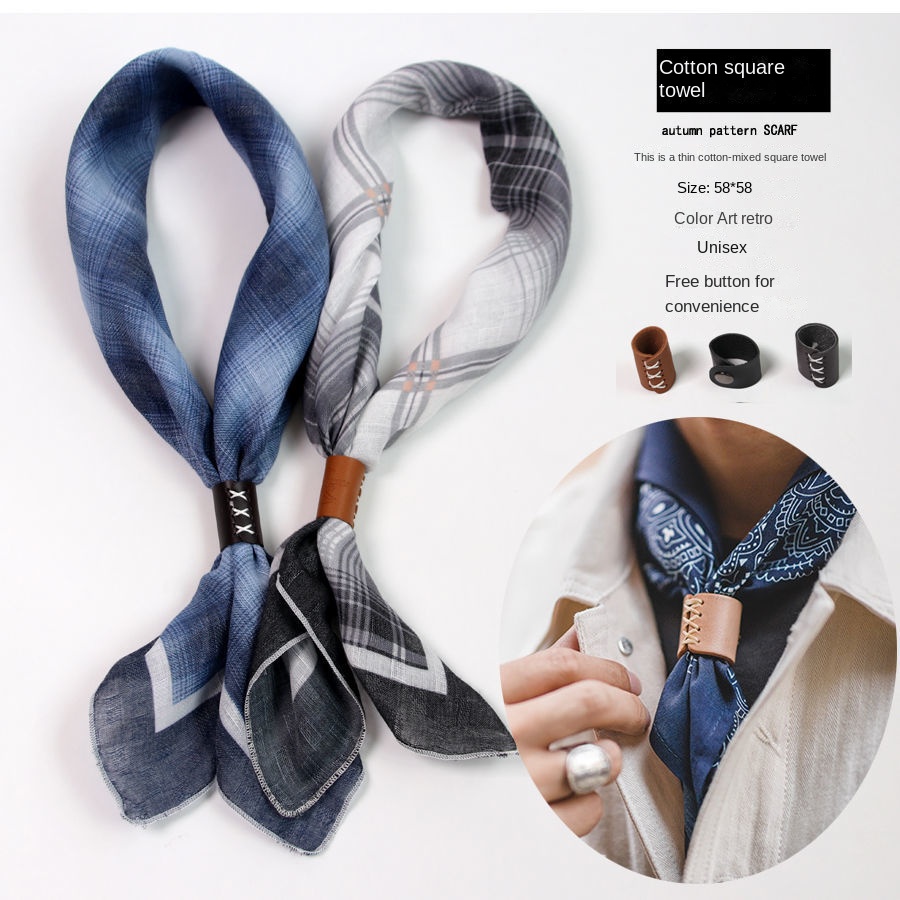 Ascot Neck Scarf - Men's Square Scarf with Buttons Cotton